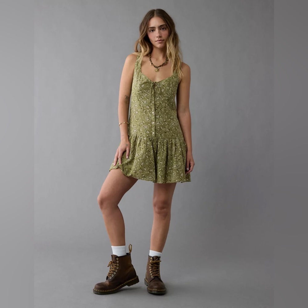 AE Drop Waist Corset Mini Dress Olive Green Paisley Boho Tie Front M